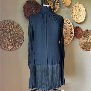 Vintage Black Cocktail Dress Fringe Mock Neck Sheer Zip Retro Straight Mini 60’s
